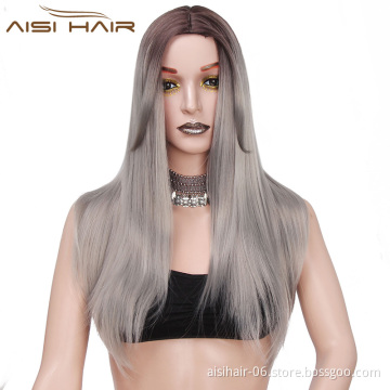 Aisi Hair Long Ombre Grey Color Hair Synthetic Straight Wig Hair For Black Women Heat Resistant Fiber